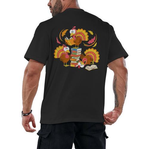 Turkey Reading Books Fall Thanksgiving Teacher Librarian Men's Back Print T-Shirt - Bookorys