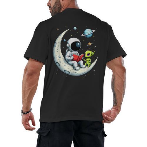 UFO Alien Astronaut Reading Book In Space Men's Back Print T-Shirt - Bookorys