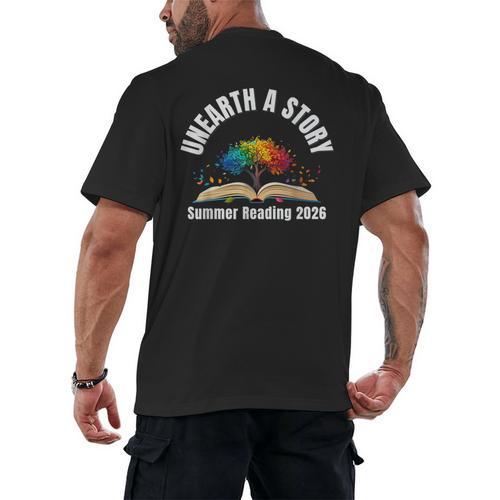 Unearth a Story 2026 Summer Reading Program Tree Book Men's Back Print T-Shirt - Bookorys