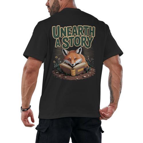 Unearth A Story Fox Reads a Book Men's Back Print T-Shirt - Bookorys CA