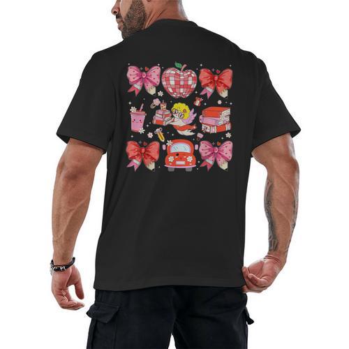 Valentine Cupid Coquette Pink Bow Apple Books Teacher Men's Back Print T-Shirt - Bookorys DE