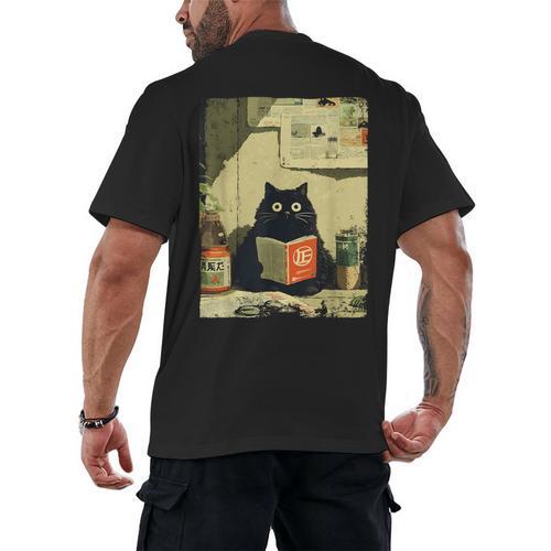 Vintage Japanese Cat Book Lovers Librarian Cat Dad Teacher Men's Back Print T-Shirt - Bookorys AU