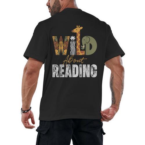 Wild About Reading Books Animal Theme Bookworm Library Day Men's Back Print T-Shirt - Bookorys