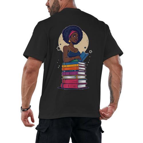 Woman And Books Stack Afro Girl Reading Lover Men's Back Print T-Shirt - Bookorys DE