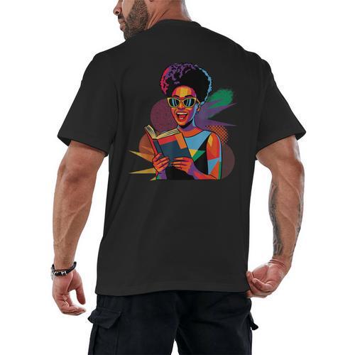 Woman Reading Book Lover Geometric Girl Afro History Men's Back Print T-Shirt - Bookorys DE
