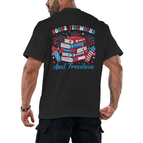 Women's Books Fireworks And Freedom Independence Day Book Lover Men's Back Print T-Shirt - Bookorys DE