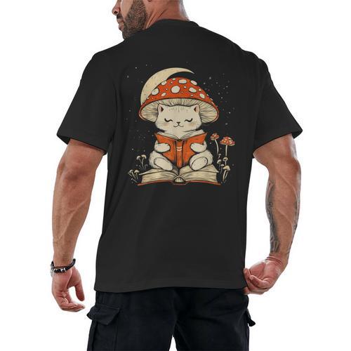 Women's Cottagecore Mushroom Cat Reading a Book Men's Back Print T-Shirt - Bookorys AU
