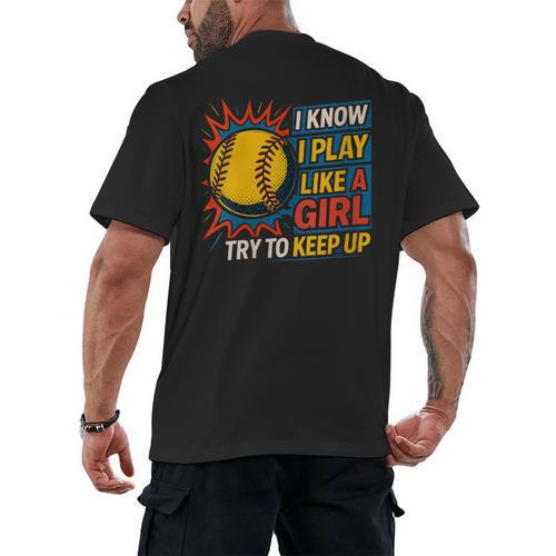 Women's Girls Softball Play Like A Girl Comic Book Pop Art Men's Back Print T-Shirt - Bookorys