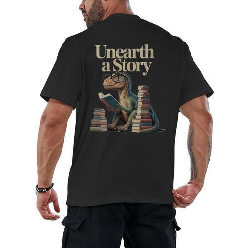 Women's Unearth A Story Dinosaur Reading a Library Book Men's Back Print T-Shirt - Bookorys AU