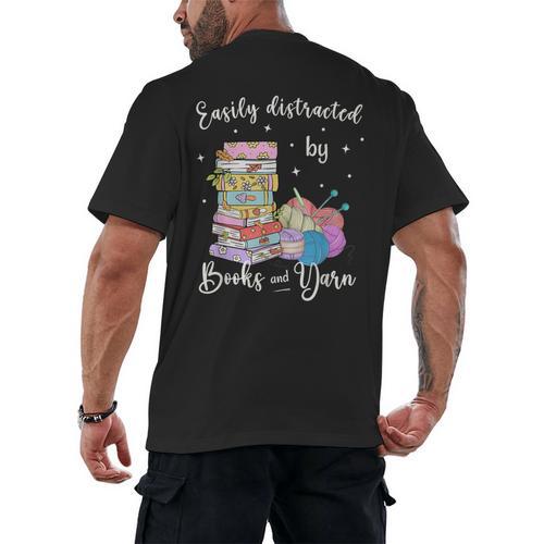 Yarn Quote Easily Distracted By Books And Yarn Reader Men's Back Print T-Shirt - Bookorys
