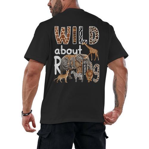 Zoo Animals Wild About Reading Books Reader Lover Librarian Men's Back Print T-Shirt - Bookorys