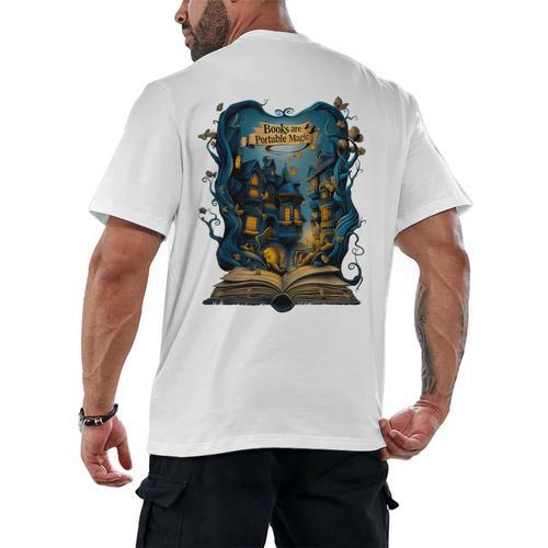 4 Books Are Portable Magic Bookish Reading Nerd Quote Men's Back Print T-Shirt - Bookorys DE
