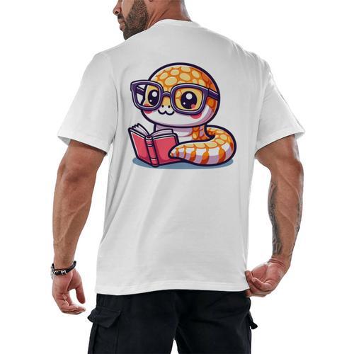 Adorable Book Lover Rattlesnake With Reading Glasses Cute Men's Back Print T-Shirt - Bookorys