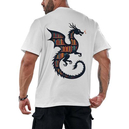 Book Lover Bookworm Reading Books Dragon Men's Back Print T-Shirt - Bookorys UK