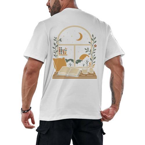 Book Lover Moonlight Reading Scene Night Men's Back Print T-Shirt - Bookorys