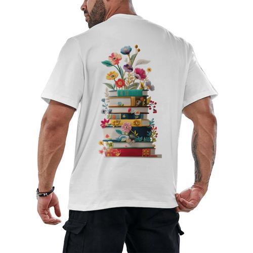 Book Stack With Flowers Reading Lover Bookish Men's Back Print T-Shirt - Bookorys
