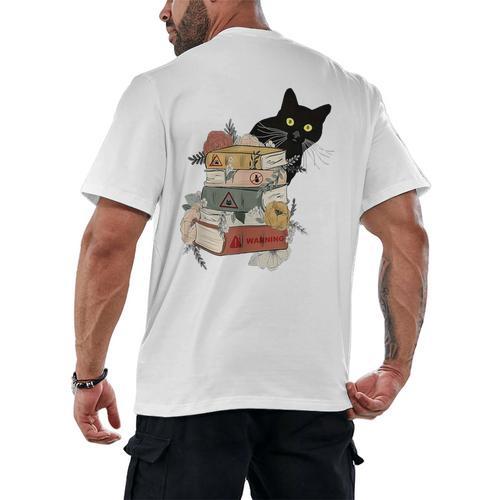 Cat And Books Flowers Reading Club Cat Lover Bookworm Men's Back Print T-Shirt - Bookorys CA