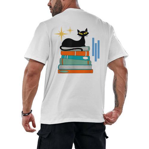 Cat And Books Retro Midcentury Mid Century Aesthetic Men's Back Print T-Shirt - Bookorys AU