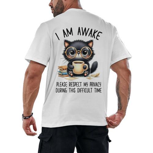 Cat Glasses Coffe Books I Am Awake Please Respect My Privacy Men's Back Print T-Shirt - Bookorys AU