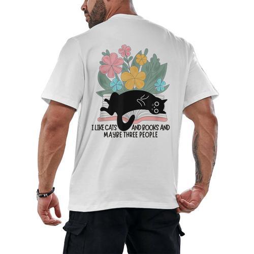 Cat Meme I Like Cats And Books And Maybe Three People Men's Back Print T-Shirt - Bookorys