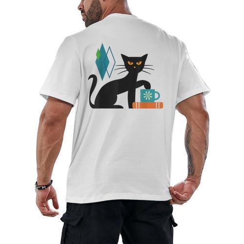 Cat Midcentury With Book And Coffee Atomic Age Mid Century Men's Back Print T-Shirt - Bookorys AU