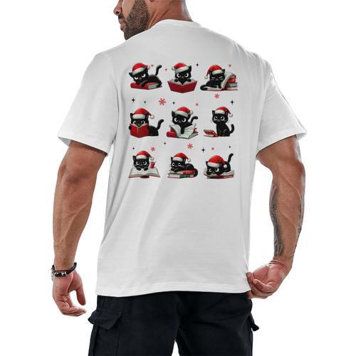Cat Reading Books Lover Christmas Cat Lover Xmas Men's Back Print T-Shirt - Bookorys AU