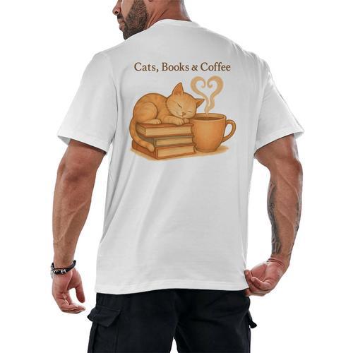 Cats Books And Coffee Heart Cozy Cat Lover Bookworm Readers Men's Back Print T-Shirt - Bookorys AU
