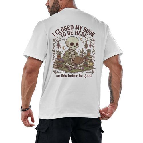 I Closed My Book To Be Here Cottagecore Skeleton Cute Reader Men's Back Print T-Shirt - Bookorys AU