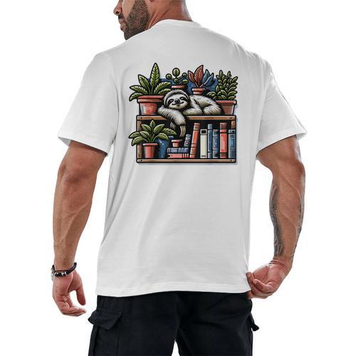 Cosy Sloth In Bookshelf With Plants Men's Back Print T-Shirt - Bookorys