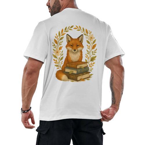 Cottagecore Whimsical Woodland Red Fox Behind Stack Of Books Men's Back Print T-Shirt - Bookorys CA