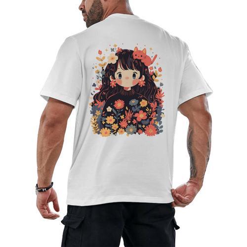 Cottagecore Wild Flowers Book Reader Cat Nature Soft Men's Back Print T-Shirt - Bookorys AU