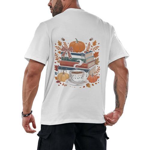 Cozy Autumn Books Fully Booked For Fall Books Pumpkin Men's Back Print T-Shirt - Bookorys DE