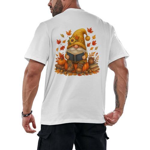 Cute Autumn Gnome Reading Pumpkin Book Lover Men's Back Print T-Shirt - Bookorys DE