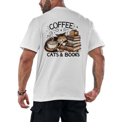 Cute Coffee Cats Books Lover Idea Women Men Kids Men's Back Print T-Shirt - Bookorys AU
