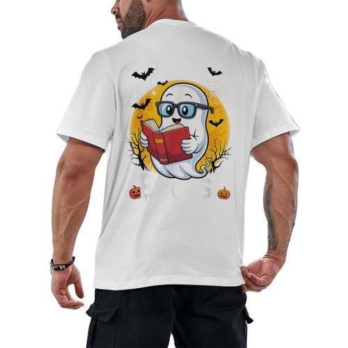 Cute Ghost Reading Book Retro Halloween Librarian Men's Back Print T-Shirt - Bookorys