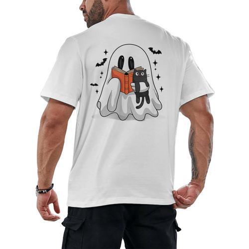 Cute Halloween Ghost Reading Book Men's Back Print T-Shirt - Bookorys DE