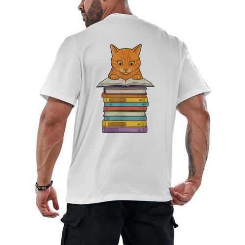 Cute Orange Tabby Cat Reading On Pile Of Books Men's Back Print T-Shirt - Bookorys AU
