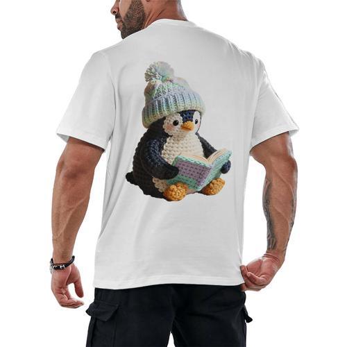 Cute Penguin Reading Book Faux-Crochet Print Men's Back Print T-Shirt - Bookorys DE