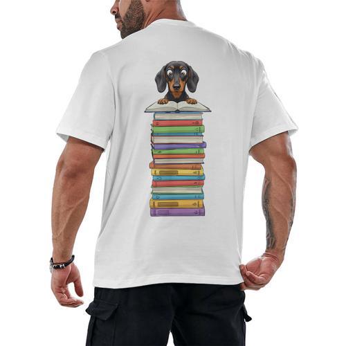 Cute Wiener Dog Dachshund Reading On Pile Of Books Men's Back Print T-Shirt - Bookorys