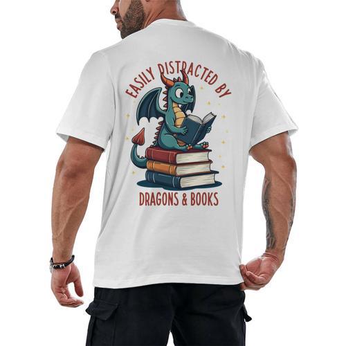 Dark Romance Romantasy Easily Distracted By Dragons & Books Men's Back Print T-Shirt - Bookorys
