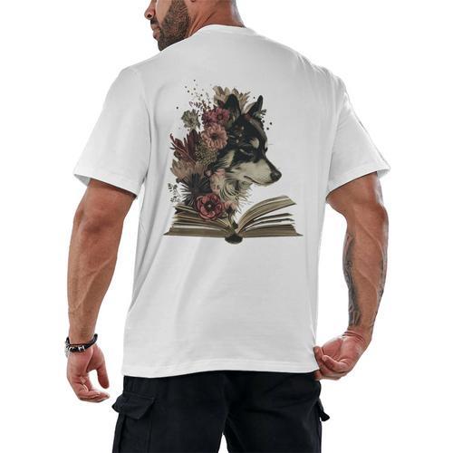 Dog Book Flower Men's Back Print T-Shirt - Bookorys DE