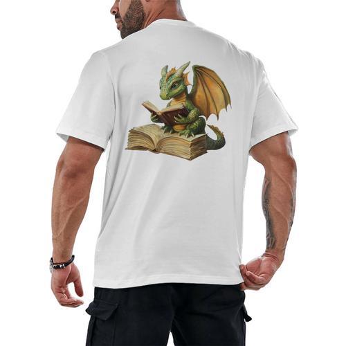 Dragon Bookworm Reading Book Graphic Men's Back Print T-Shirt - Bookorys AU