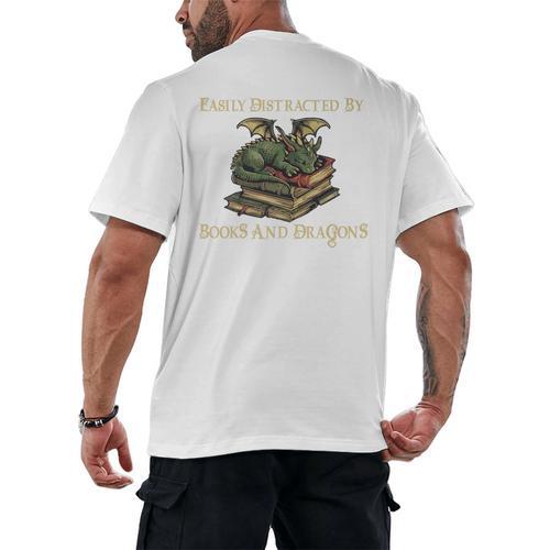 Easily Distracted By Books And Dragons Graphic Premium Men's Back Print T-Shirt - Bookorys