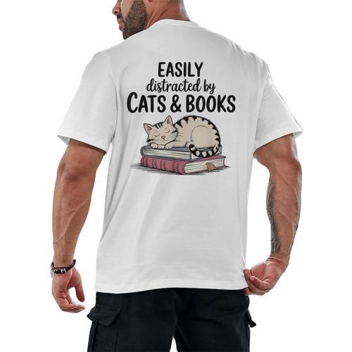 Easily Distracted By Cats And Books Cute Book Lover Men's Back Print T-Shirt - Bookorys AU