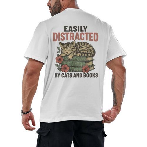 Easily Distracted By Cats And Books Vintage Men's Back Print T-Shirt - Bookorys AU