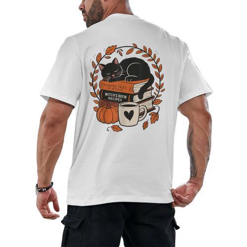 Fall Book Teacher Cat Books Halloween Autumn Librarian Men's Back Print T-Shirt - Bookorys AU