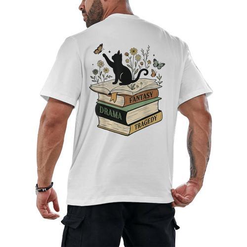 Fantasy Drama Tragedy Cat Book Lover Reading Humor Men's Back Print T-Shirt - Bookorys AU