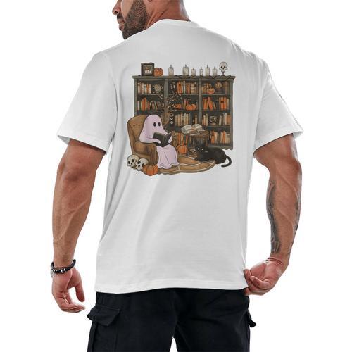 Ghost Reading Book Cat Lover Halloween Reading Enthusiast Men's Back Print T-Shirt - Bookorys