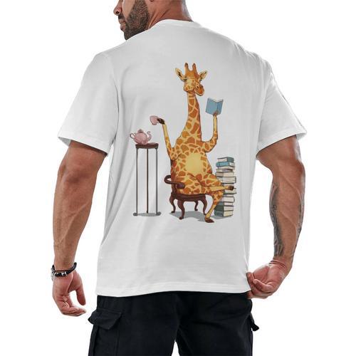 Giraffe Reading Tea Books Coffee Book Lover Graphic Men's Back Print T-Shirt - Bookorys CA