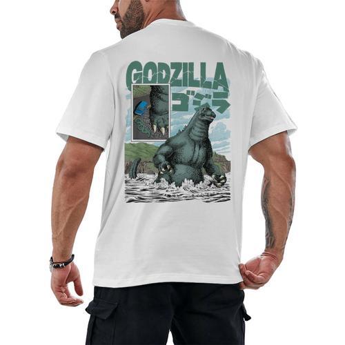 Godzilla Ocean Scene Comic Book Illustration Movie Monster Men's Back Print T-Shirt - Bookorys AU